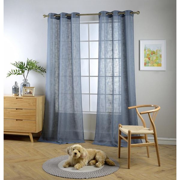 MIUCO Semi Sheer Curtains Poly Linen Textured Solid Grommet Curtains 95 Inches Long for French Doors 2 Panels (2 x 37 Wide x 95" Long) Dusty Blue