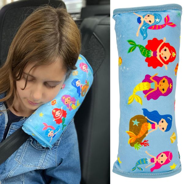 HECKBO Auto Schlafkissen für Kinder Mädchen Jungen - Meerjungfrau Mermaid - maschinenwaschbar – kuschelweich - Auto Gurtkissen, Gurtschoner, Gurtschutz Sitzerhöhung, Auto Kissen, Reisekissen, Urlaub