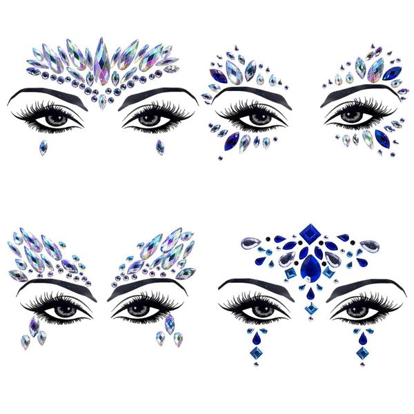 4 Sets Crystal Gems Tattoo Glitter Rhinestone Tattoo, Bindi Crystals Eyes Face Body Jewels Rainbow Tears Stickers for Concert, Party, Dress-up, Rave Carnival