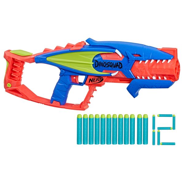 NERF DinoSquad Terrodak, 4 Blasting, Storage, 12 Elite Dart Foam Blasters, Dinosaur Toys for Kids Outdoor Games