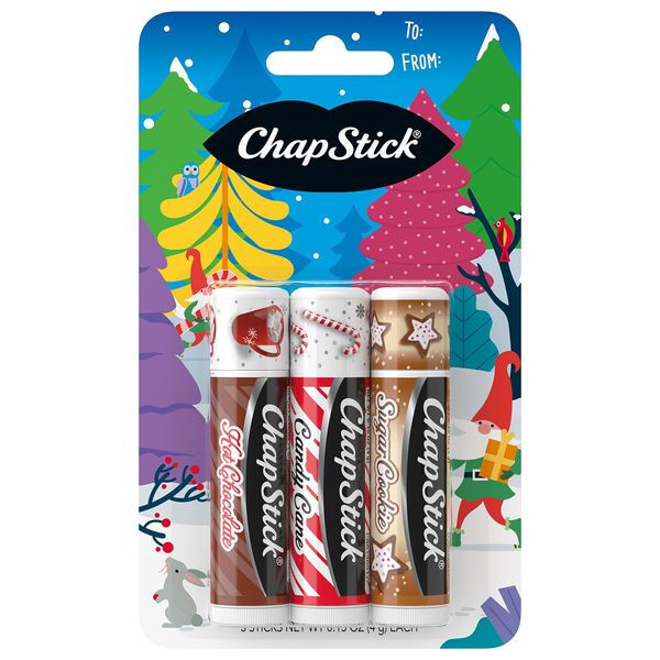 ChapStick Holiday Hot Chocolate, Candy Cane and Sugar Cookie Lip Balm, 0.15oz, 3