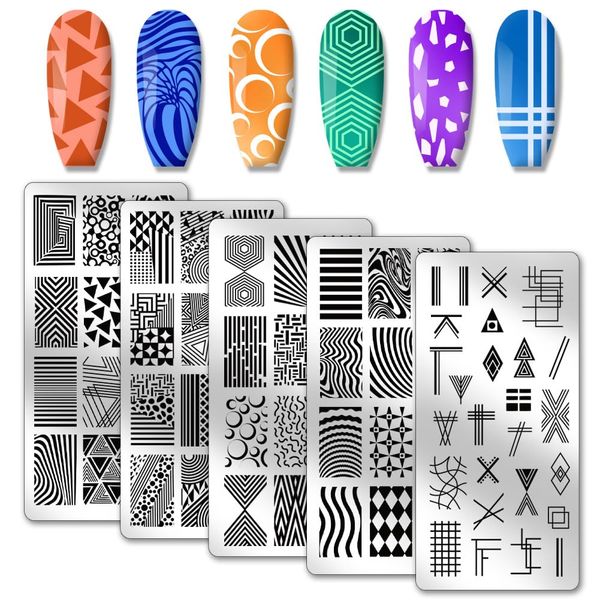 PH PandaHall 5pcs Nail Art Stamping Plate, Abstract Geometric Texture Nail Stamper Line Pattern Nail Stamping Plate Print Nail Stencils Stainless Steel Nail Image Plates for Nail Art Design