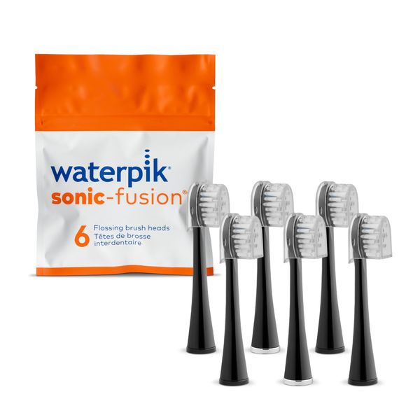 Waterpik Genuine Compact Size Replacement Brush Heads With Covers for Sonic-Fusion Flossing Toothbrush SFRB-2EB, 6 Count Black