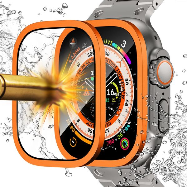 NewWays Compatible for Apple Watch Ultra 2/Ultra Screen Protector 49mm,Titanium Alloy Frame Built-in 9H Tempered Glass Film,Lightweight Waterproof Metal Case for iWatch 49mm,Orange