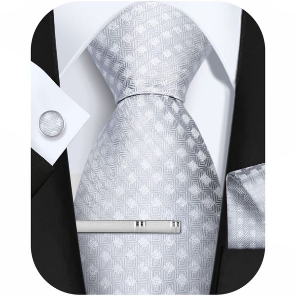 FACIACC Men's Silk Chief Tie Clip, Cufflinks Set of 4, Dot, Formal, Father's Day, Black/Silver, Silver