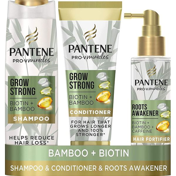 Pantene Grow Strong Shampoo And Conditioner Set + Leave-In Scalp Treatment With Caffeine, Optimal Environment For Hair Growth, With Bamboo & Biotin, Shampoo 400ml, Conditioner 275ml, Treatment 100ml