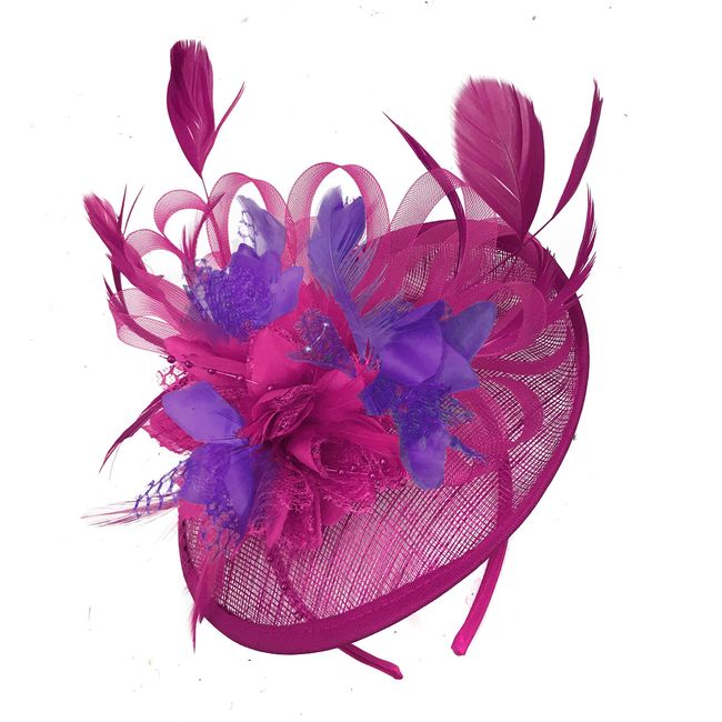 Caprilite Fuchsia Hot Pink and Purple Sinamay Disc Saucer Fascinator Hat for Women Weddings Headband