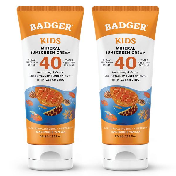 Badger Kids Sunscreen Cream SPF 40, Organic Mineral Sunscreen Kids Face & Body with Zinc Oxide, Reef Friendly, Broad Spectrum, Water Resistant, 2.9 fl oz (2 Pack)