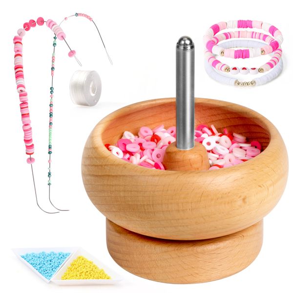 Tilhumt Bead Spinner for Jewelry Making, Effortless Rotating Bead Spinner Kit with Beads, Trays, Scoop, and 2 Big Eye Beading Needles for Making Seed Clay Beads Bracelets, Necklace and Waist Chain