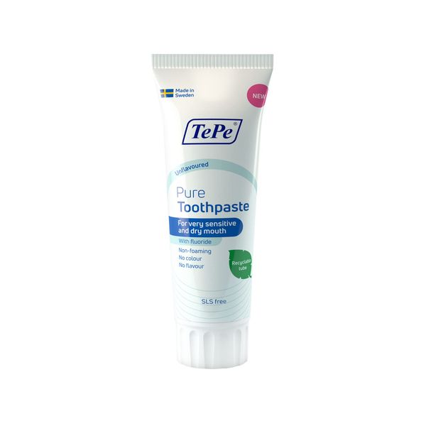 TePe Pure Toothpaste, unflavoured, very gentle everyday fluoride toothpaste for very sensitive gums and dry mouth, age-appropriate fluoride level