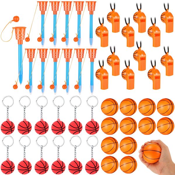 48 Packs Basketball Party Favor Basketball Hoop Pens Mini Basketball Stress Balls Basketball Novelty Pens Basketball Keychains Whistles School Carnival Reward Party Bag Valentines Gift Fillers