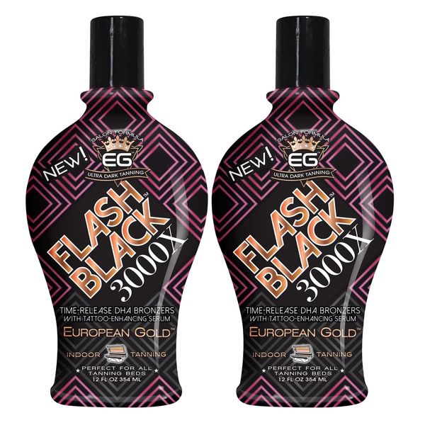 Set of 2: European Gold Flash Black 3000X Indoor Tanning Lotion with Time-Release DHA Bronzers, 12 oz