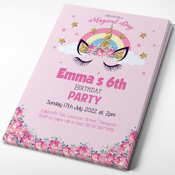 Personalised Unicorn Birthday Party Invitations Invites Girl Children Kids Pack Pink