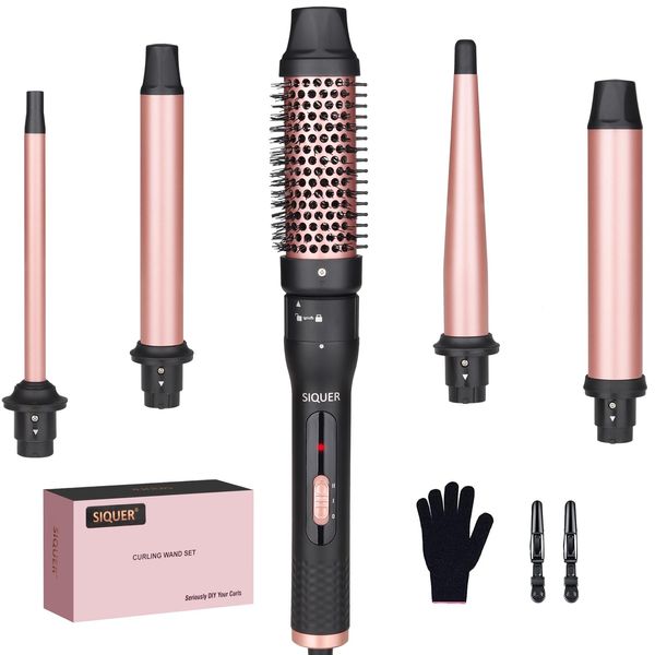 5 in 1 Curling Wand Set - SIQUER Curling Iron Set 1/2 to 1 1/4 Inch Beach Waves Wands 1 1/2 Inch Thermal Brush Fast Heating Up Hair Curlers for Women with Protective Gloves Clamps (Rose, Black)