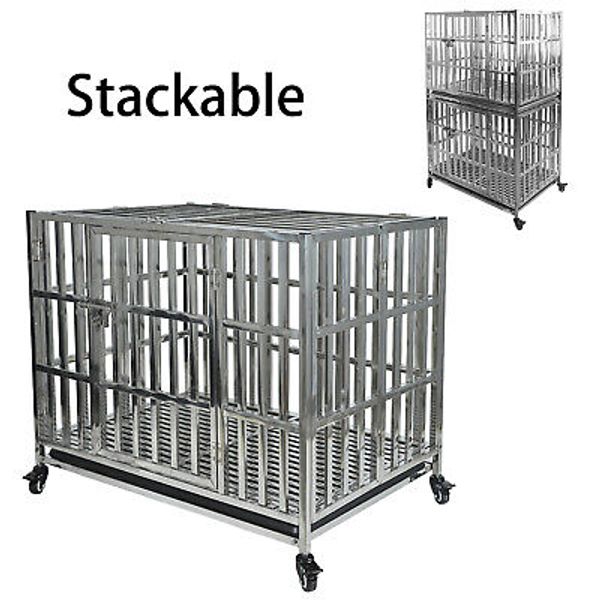 37" Stackable Dog Cage Stainless Steel Dog Kennel Dog Crate Folding Pet Playpen