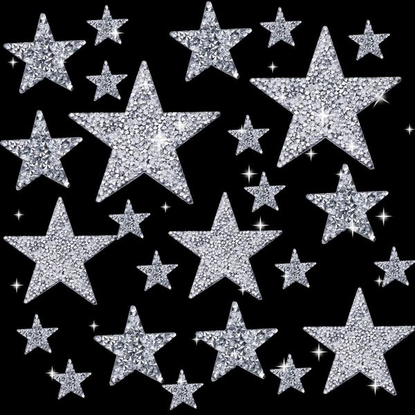 22 Pieces Star Iron on Patches Rhinestone Applique Silver Adhesive Hot Glue Star Shape Glitter Crystal Patches for Clothing Repair, Jeans, Bags, Hats and DIY Accessory