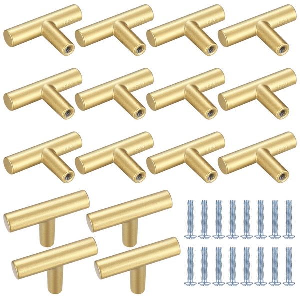 Kigniote 16PCS Cabinet T Bar Handle Gold Drawer Handles Cupboard Knobs, Stainless Steel Kitchen Knobs Metal Drawer Pulls(Screws Included)