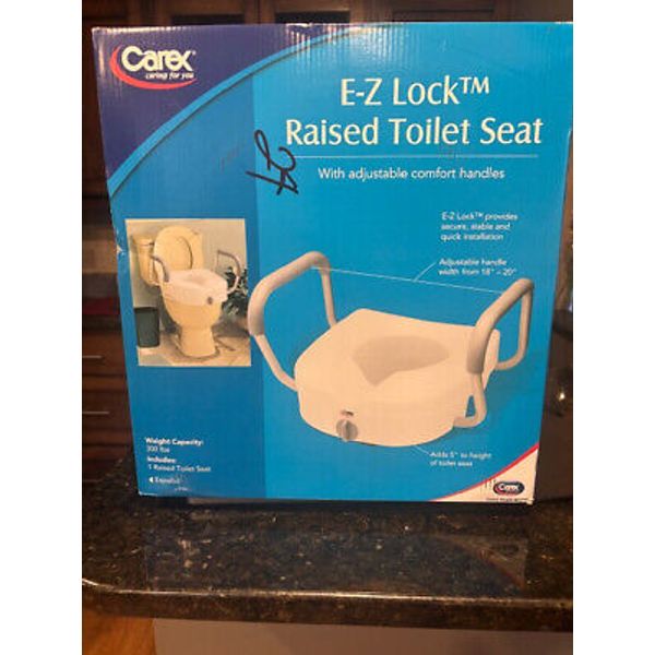 Carex Health Brands EZ Lock Raised Toilet Seat with Handles, 5 Inch Toilet NIB