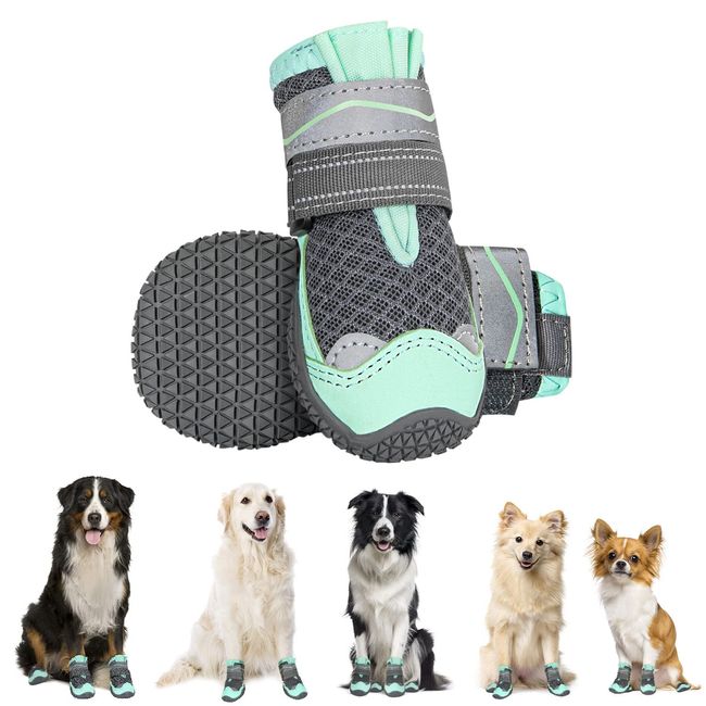 Eyein Hundeschuhe Pfotenschutz, 2 Stück atmungsaktiv Hundeschuhe mit Rutschfester Sohle und reflektierendem Klettverschluss für kleine, mittlere und große Hunde, Sport im Freien, Grün, Größe 5