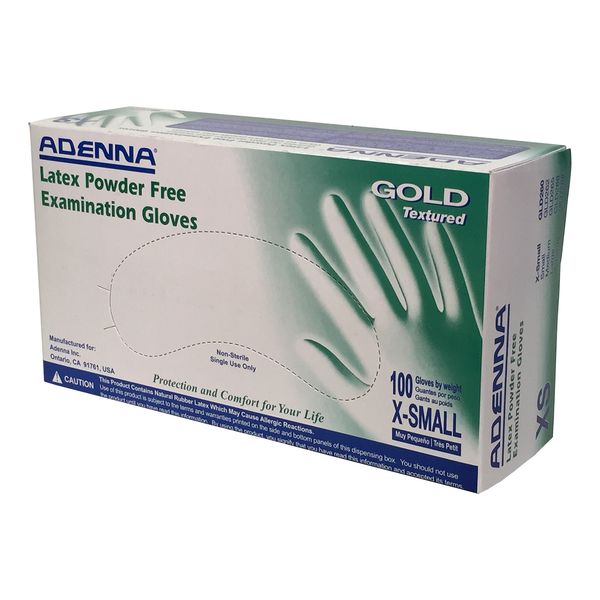 Adenna GLD260 Gold 6 mil Latex Powder Free Exam Gloves (White, X-Small) Box of 100