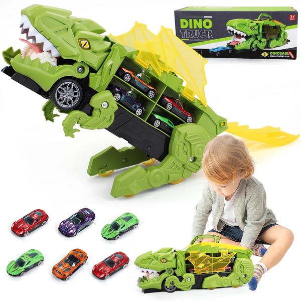 Dinosaur Cars Transport Truck Carrier, Toy Cars Track Set Dinosaur Transporter Truck, Monster Trucks Toy for Toddler, Transforms into Dino, Dinosaur Toys for Kids 3-5, Birthday Gifts Toys(Green)