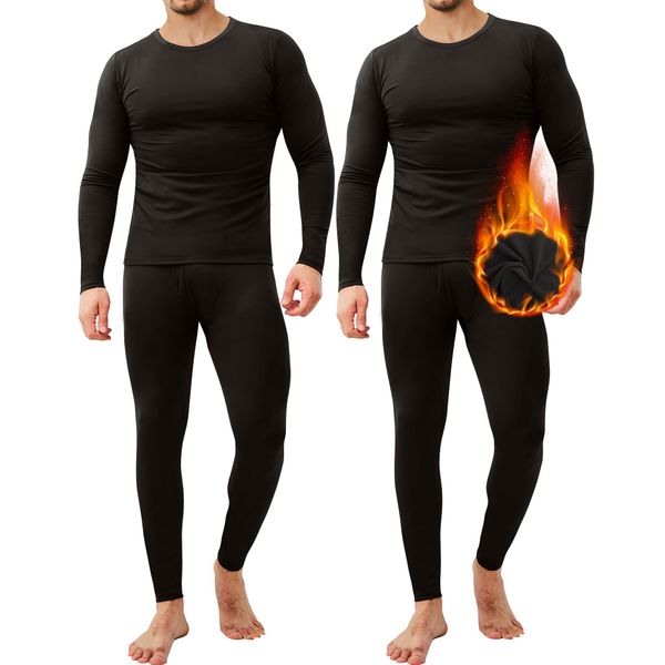 CL convallaria Thermal Underwear for Men, 2 Pack Long Johns Winter Long Underwear Sport Base Layer Top and Bottom Set Midweight BlackBlack L