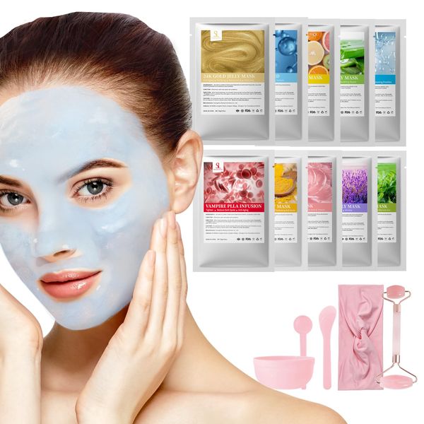 Jelly Face Mask Set,10 Flavors Jelly Masks for Facials Professional Peel Off Mask,Hydrating,Moisturizing Aloe Vera,Hyaluronic Acid Jelly Mask Powder Spa Face Masks With Jade Roller & Bowl Spatula Set