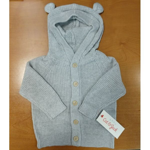 Cat & Jack Baby Gray Bear Hooded Knit Sweater Cardigan *Size 6-9mos* -  6A