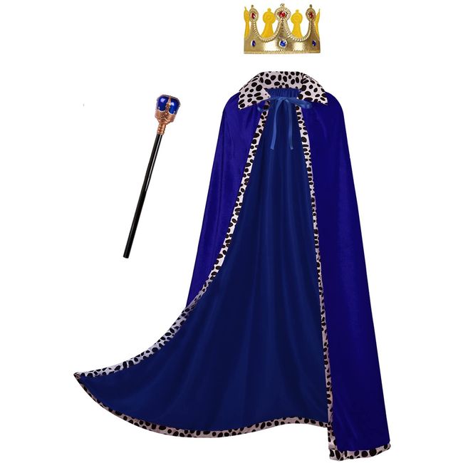 GRAJTCIN Mens King Costume Queen Robe Medieval Blue Velvet Cape Adult Mardi Gras Halloween Party Cloak with Crown Scepter (59", Blue)