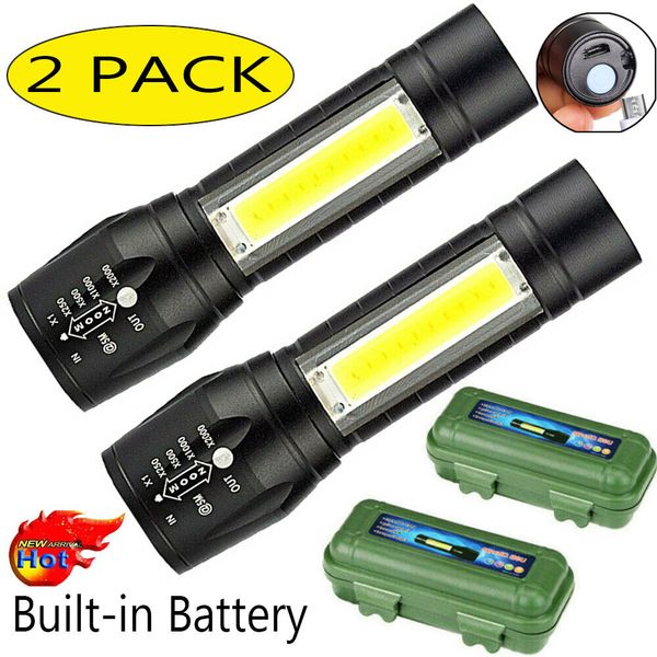 2 Pack 900000LM Q5 COB LED Flashlight USB Rechargeable Tactical Small Torch Lamp