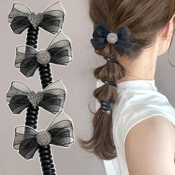 Generic 4Pcs Telephone Wire Hair Bands Bowknot Hair Ties Black Rhinestone Braided Spiral Phone Cord for Women Girls Ponytail Holder Daily Hair Accessories