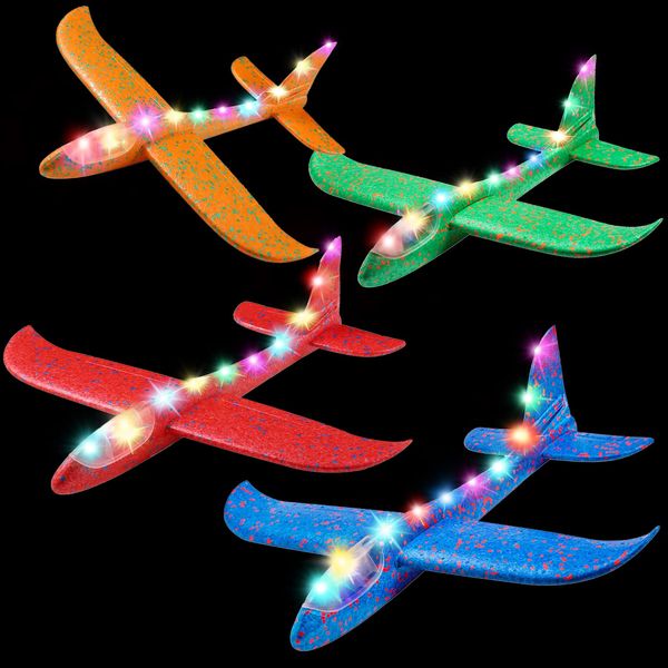 MIMIDOU 4 Pack Flashing Glider Plane, Illuminated colored led lights can play at night, foam airplane have 2 flight mode, The best airplane toys gift.