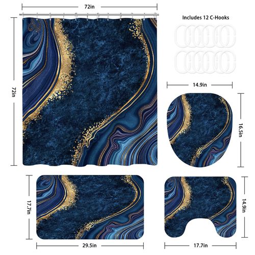 BayNook 4PCS Navy Blue Gold Marble Bathroom Sets with Shower Curtain and Rugs, Abstract Shower Curtain Sets with Rugs for Bathroom Decor, Modern Bathroom Curtains Shower Set with Toilet Lid Cover
