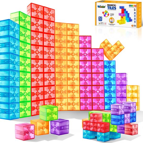 Feoxialy 52pcs Magnetic Blocks - Translucent Magnetic Cubes, Digit Building Blocks Magnet Toys for Kids, Clear Montessori Toddler Toys Ages 3+, Preschool STEM Sensory Autism Toys for Boys Girls