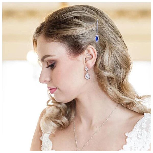 Allereyae Crystal Wedding Hairpins Barrette Rhinestone Blue Crystal Hair Pins Barrette CZ Gemstone Hairpins Bridal Headpieces Decorative Head Clip Headwear Bridal Hair Accessories for Women and Girls