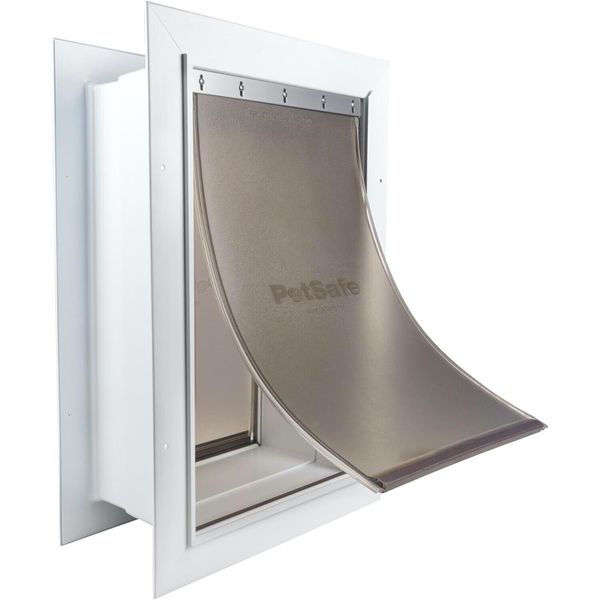 MEDIUM PET SAFE WALL ENTRY DUAL FLAP PET DOOR W CLOSING PANEL WHITE TELESCOPING