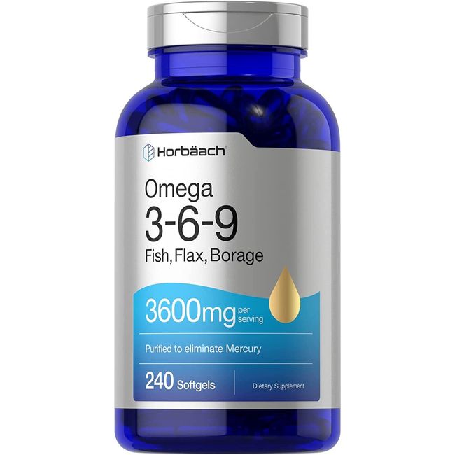 Triple Omega 3-6-9 3600mg 240 Softgels | Fish, Flaxseed, Borage Oils by Horbaach