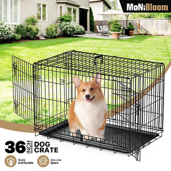 Heavy Duty Pet Crate Metal Dog Crate Kennel In/Outdoor w//2 Door&Tray Pans Black