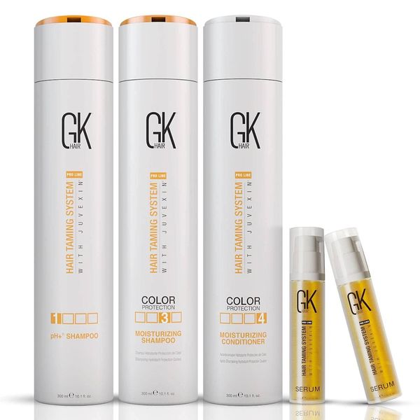 GK HAIR Global Keratin Moisturizing Shampoo and Conditioner 300ml with pH Clarifying Shampoo 300ml and Hair Serum (10ml/Pack of 2)