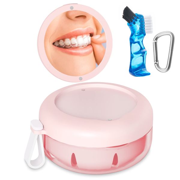 Denture Bath Box, Retainer Case for Braces, Leakproof Portable Retainer Box, Denture Cleaning Kit with Cleaner Brush Carabiner, Strainer & Mirror, Denture Cup for Aligner Retainer Mouth Guard