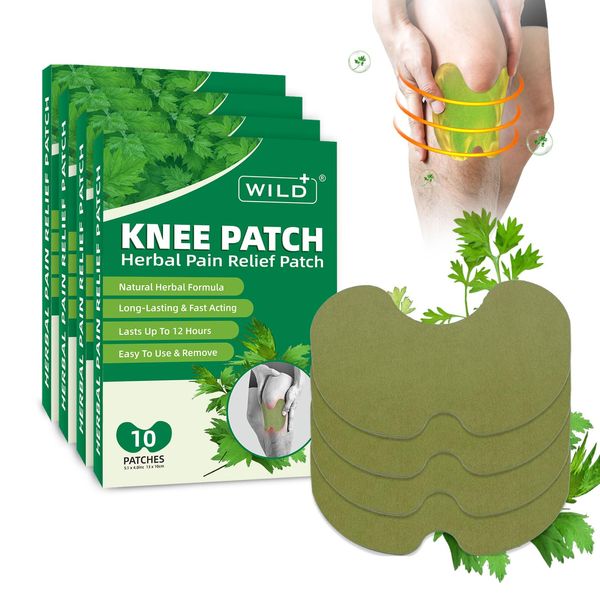 WILD+ Knee Pain Relief Patches, 40Pcs Natural Herbal Pain Relief Plaster Heat Patches, Wormwood Knee Patches Heat Pads for Relief Arthritis, Neck/Shoulder/Back/Joint Pain, Muscle Soreness