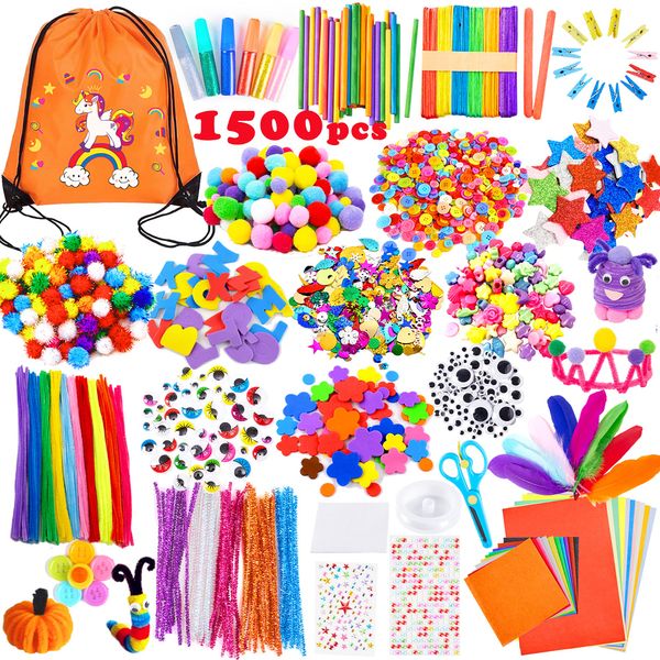 Yetech Arts and Crafts Supplies for Kids-1500+pcs Craft kits for kids With Unicorn Storage bag, Craft Art Supply, DIY Crafting Set, Pipe Cleaners, Pom Poms, Googly Eyes, Feathers, Beads, Ages 4-12