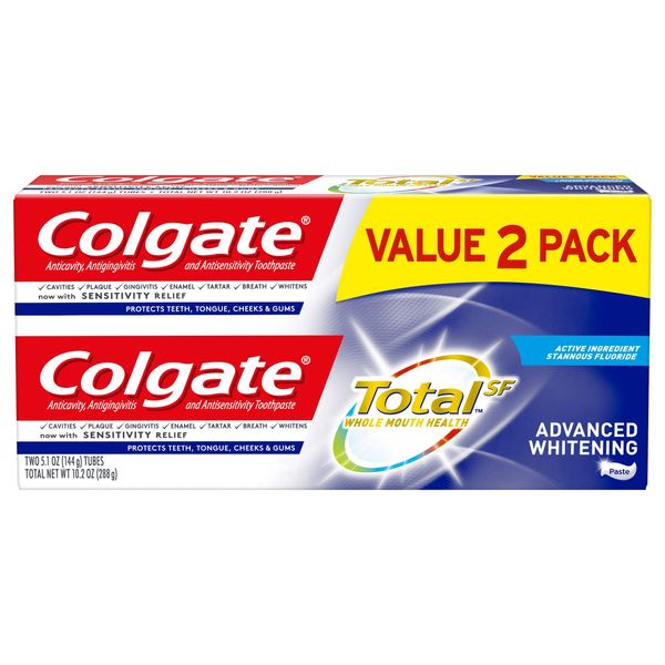 Colgate Colgate Total Advanced Whitening Toothpaste with Fluoride, Multi Benefit Toothpaste with Sensitivity Relief and Cavity Protection - 5.1 ounce (2 Pack), 5.1 Ounce (Pack of 2), 10.2 Ounce