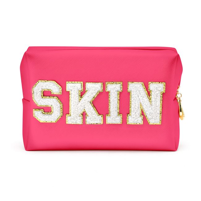 Reise Make up Kosmetiktasche tragbare Kosmetiktasche Y2K Make up Tasche PU Leder wasserdichte Aufbewahrungstasche Patch SKIN Letter Reisen Ausflüge Schulmädchen Mädchen Teenager (Rose Red)