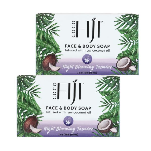 "Coco Fiji Soap Bar for Face and Body Infused With Organic Coconut Oil, Night Blooming Jasmine Essential Oil, Natural Soap for Moisturizing & Pore Purifying Skin, 7 oz, Pack Of 2 "