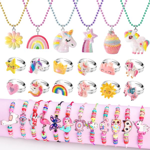 Little Girls Jewelry Sets, Kids Jewelry for Toddler Girl Toys 3-5 2-4, Girls’ Play Rings Unicorn Necklaces Bracelets for Toddlers 4-6 6-8, Costume Dress Up Jewelry Childrens Gifts Age 3 4 6 7 8 5