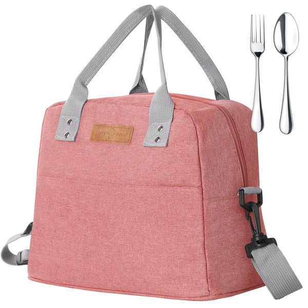 GeeRic Lunch Bag+Fork+Spoon with Adjustable Strap Wide Open Cooler Bag Waterproof Leak-Proof Reusable Insulated Lunch Bag Food Organizer for Outdoor Picnic School Work Adult Children Pink