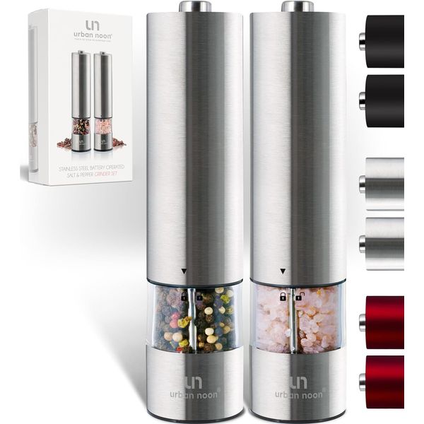 Electric Salt and Pepper Grinder Set - Stainless Steel Battery Operated Salt & Pepper Mills with Light (Pack of 2) - Automatic One Handed Operation Adjustable Ceramic Grinders