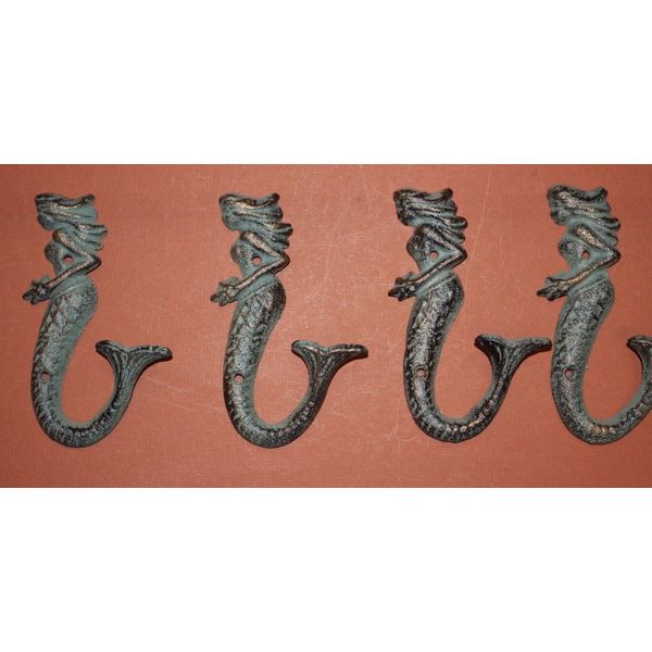 Vintage-Look Mermaid Towel Hooks, Bronze-Look Solid Cast Iron, 5 1/2" - Bundle 4 Items