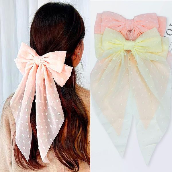 GOORAIFU Hair Bows for Women, 2pcs Beige Pink Hair Clips Girls, Hair Barrettes with Long Tail Chiffon Ribbons Cute Hair Accessories